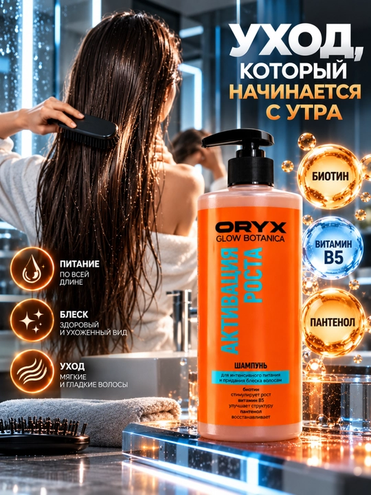 ORYX Glow Botanica sochlar uchun biotin va B5 vitaminli, o‘sishni faollashtiruvchi shampun