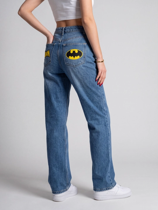 Ayollar uchun Batman bosma logotipli  jinsi shim, wide leg, baland belli, kuz-bahor uchun - 