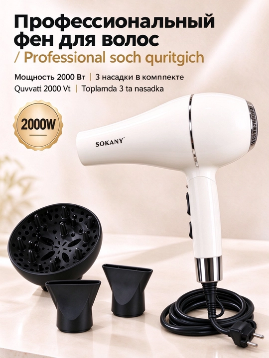 Фен для волос SOKANY SK-14005, 2000 Вт, 3 насадки (диффузор + 2 концентратора) - 
