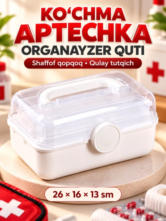 Aptechka organayzer dori-darmonlar uchun, ko‘chma dori qutisi, shaffof qopqoqli - 