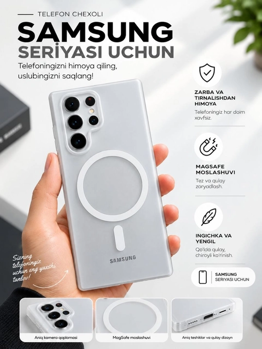 Samsung g‘ilofi, MagSafe, S26ultra, S26, S26+, S25, S24, S23, s21, A17, A57, A37, A56, A16