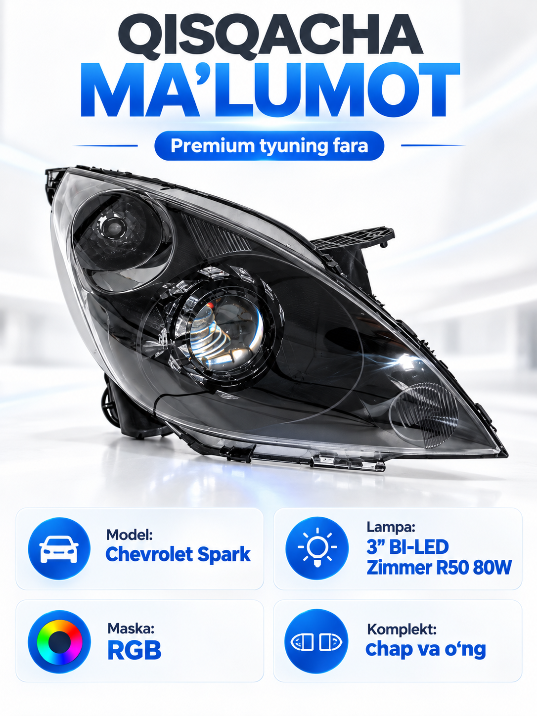 Тюнинговые фары Chevrolet Spark, Bi-LED Zimmer R50 80W, RGB маска, комплект 2 шт