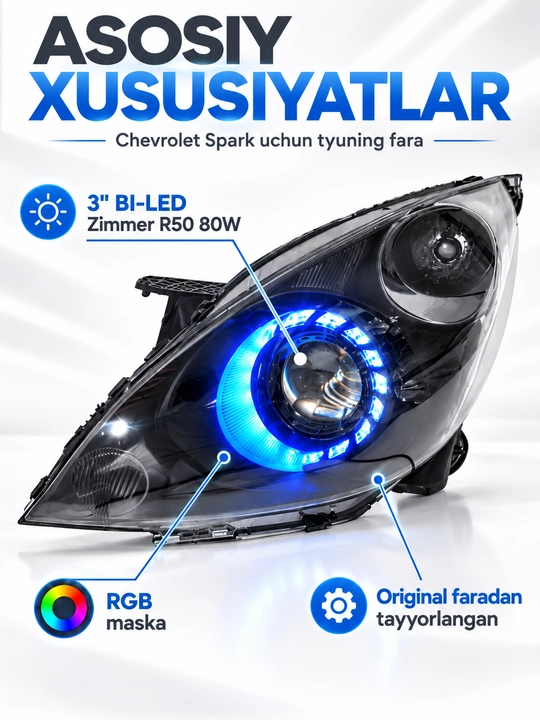 Тюнинговые фары Chevrolet Spark, Bi-LED Zimmer R50 80W, RGB маска, комплект 2 шт