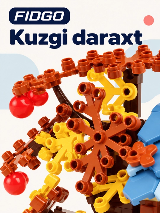 FIDGO blokli konstruktor, moviy tomli uycha, kuzgi daraxt va 2 ta figura