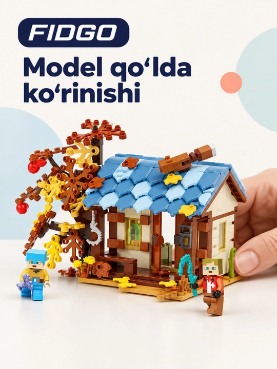FIDGO blokli konstruktor, moviy tomli uycha, kuzgi daraxt va 2 ta figura