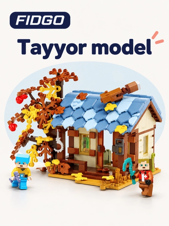 FIDGO blokli konstruktor, moviy tomli uycha, kuzgi daraxt va 2 ta figura