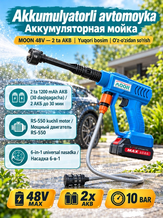 Мойка высокого давления, MOON 48 HV, аккумуляторная, мини мойка - 