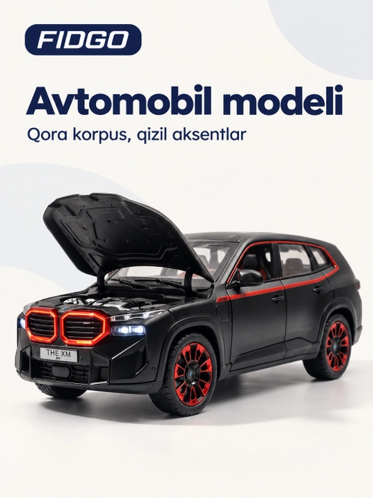 BMW avtomobil modeli, qora korpus va qizil aksentlar - 