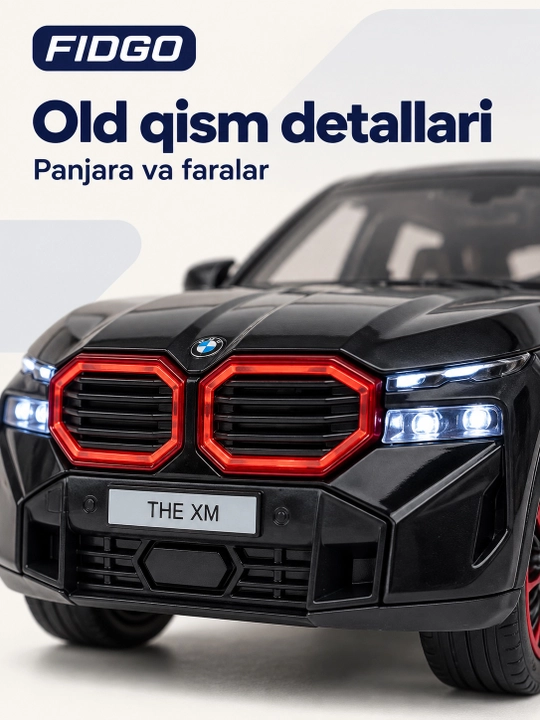 BMW avtomobil modeli, qora korpus va qizil aksentlar