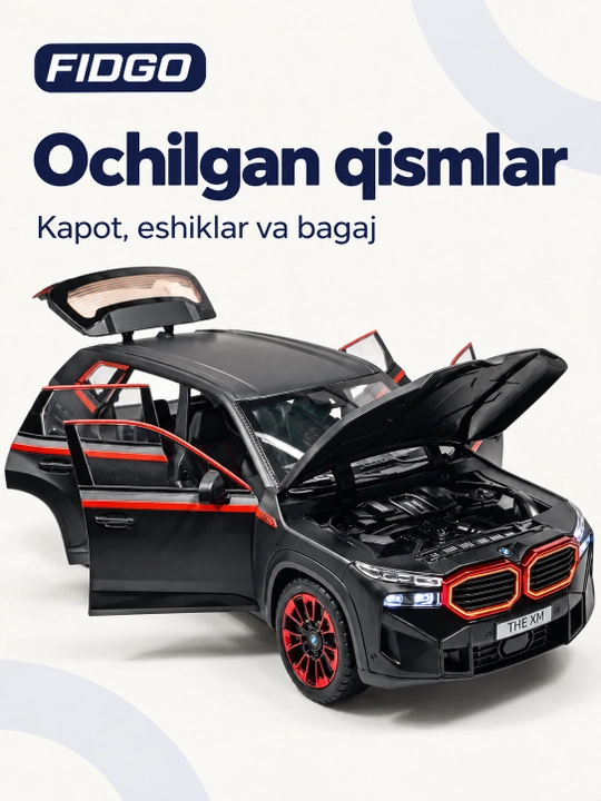 BMW avtomobil modeli, qora korpus va qizil aksentlar