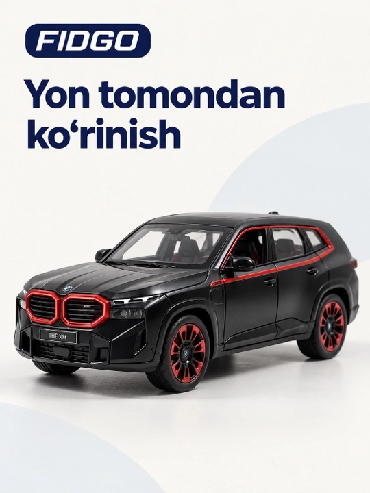 BMW avtomobil modeli, qora korpus va qizil aksentlar