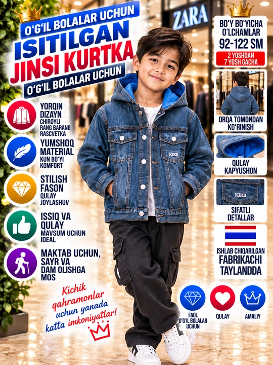 Kapyushonli issiq bolalar jinsi kurtkasi, bahor va kuz uchun - 