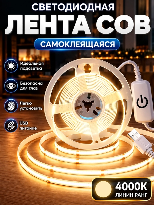 Светодиодная COB USB-лента с сенсорной кнопкой – 5V, бело-лимонный свет - 