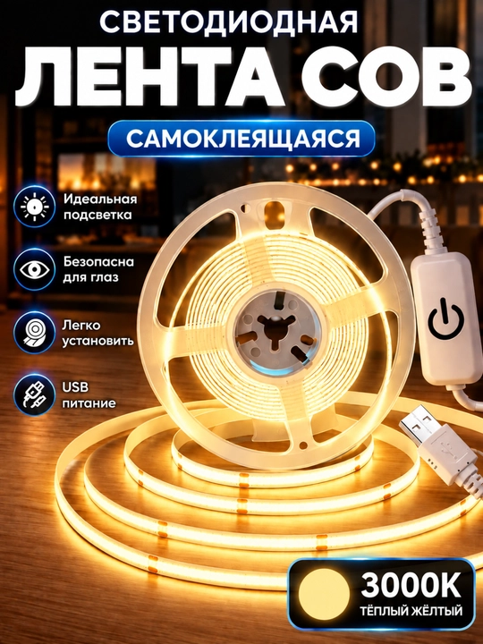 Sensor tugmali LED COB USB tasma - 5V, oq-limon rangli yorug‘lik - 