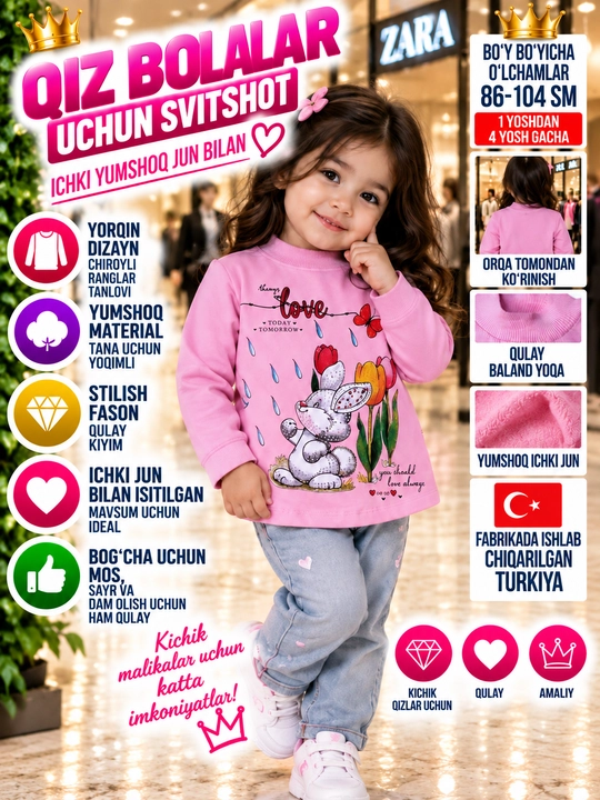Qizlar uchun pushti, ichi tukli bolalar svitshoti - 