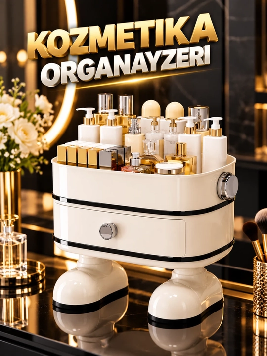 Kosmetika uchun organayzer, shaffof qopqoqli, cho‘tkalar uchun, krem rang - 