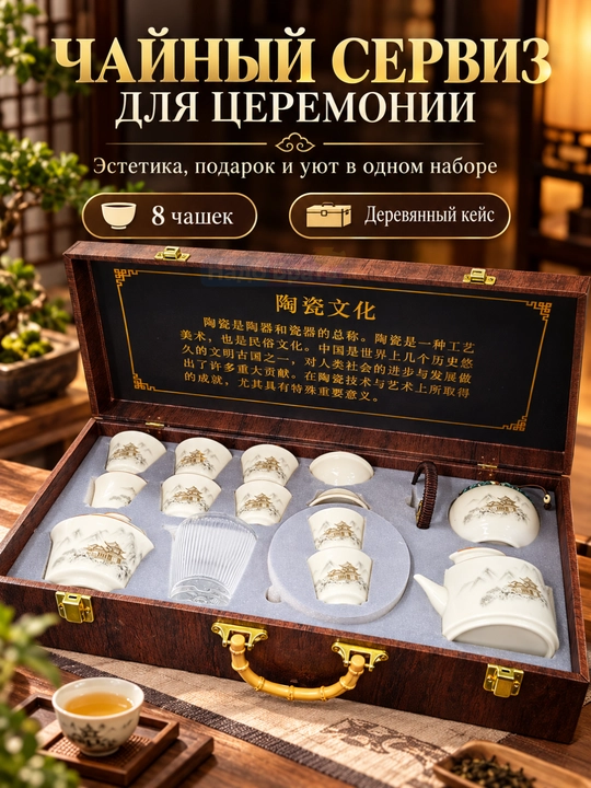 Чайный сервиз для чайной церемонии, керамический набор в деревянном кейсе, 8 чашек