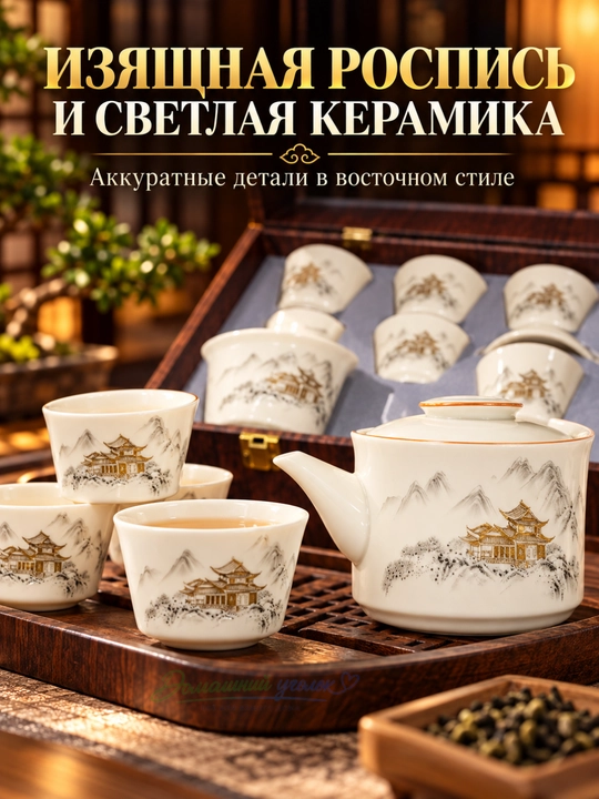 Керамический чайный сервиз в деревянном кейсе с чайником и 8 чашками для чайной церемонии - 