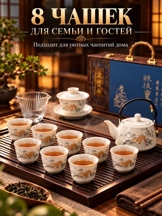 Керамический чайный сервиз в деревянном кейсе с чайником и 8 чашками для чайной церемонии