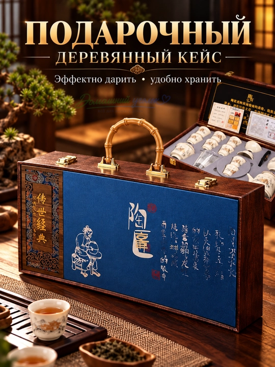 Керамический чайный сервиз в деревянном кейсе с чайником и 8 чашками для чайной церемонии