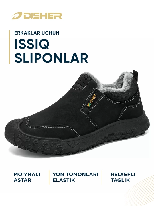 Erkaklar sliponlari DISHER Northvale, issiq, mo‘ynali, 39–45, bog‘ichsiz