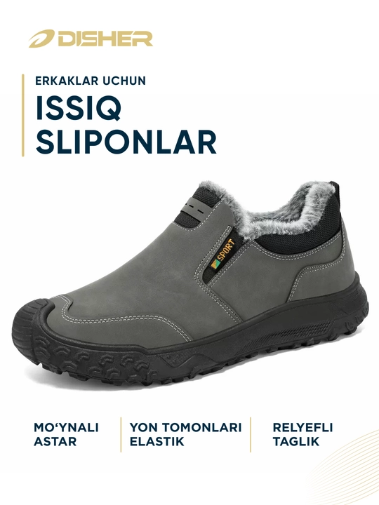 Erkaklar sliponlari DISHER Northvale, issiq, mo‘ynali, 39–45, bog‘ichsiz