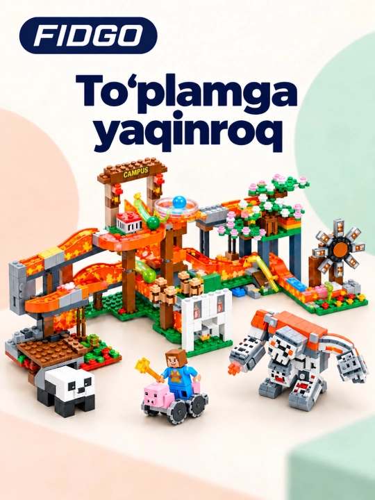 FIDGO blokli konstruktor, moviy tomli uycha, kuzgi daraxt va 2 ta figura