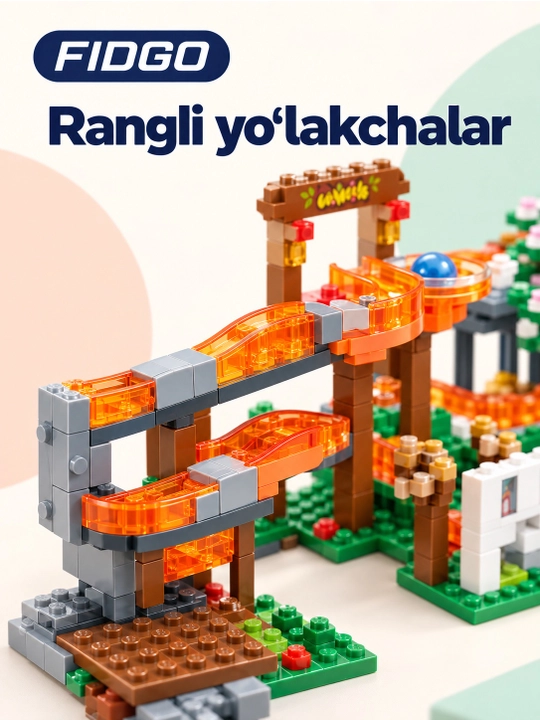 FIDGO blokli konstruktor, moviy tomli uycha, kuzgi daraxt va 2 ta figura