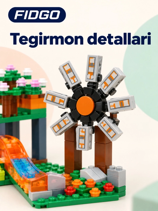 FIDGO blokli konstruktor, moviy tomli uycha, kuzgi daraxt va 2 ta figura