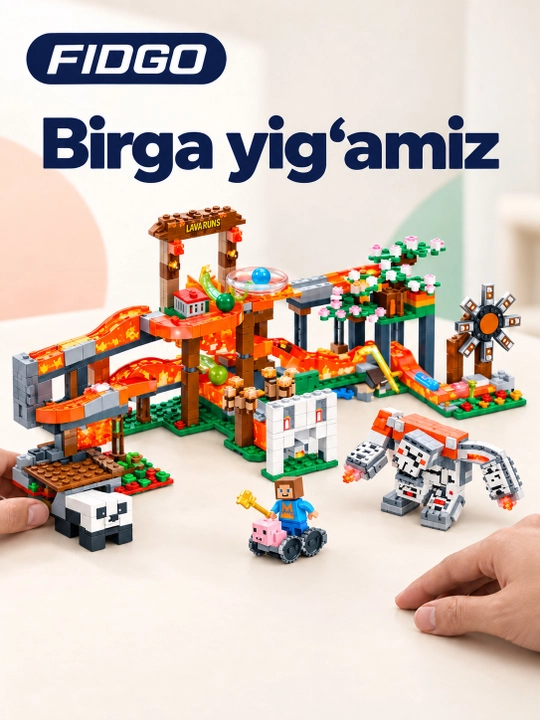 FIDGO blokli konstruktor, moviy tomli uycha, kuzgi daraxt va 2 ta figura