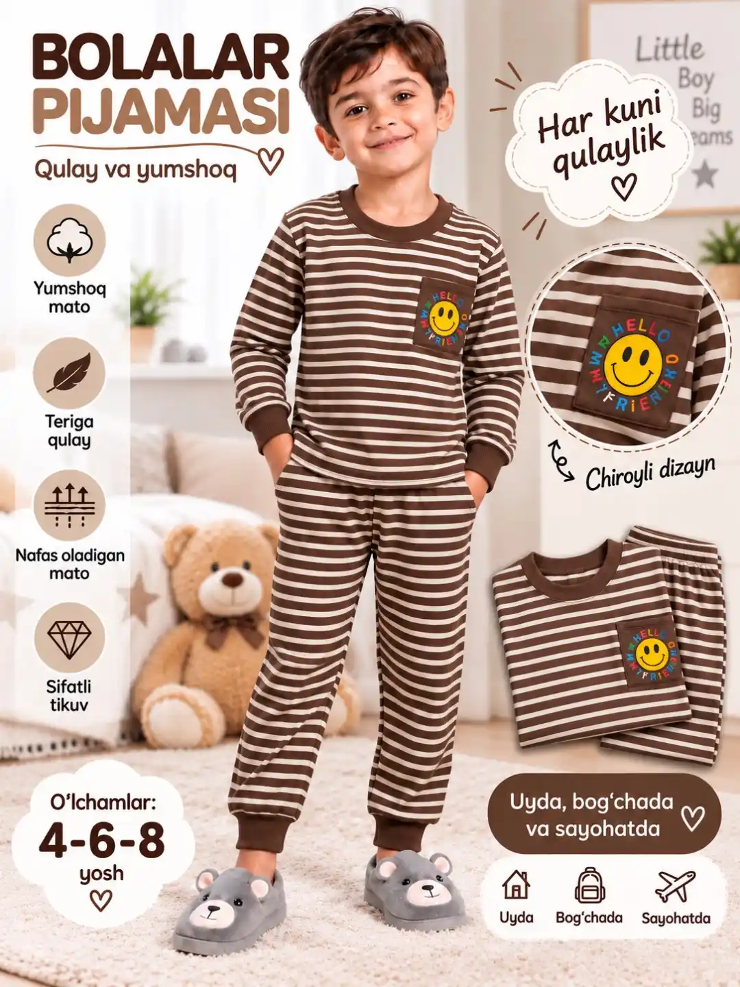 O'g'il va qiz bolalr uchun paxtali pijama to'plami, kuz/qish/bahor - yumshoq kiyimlar