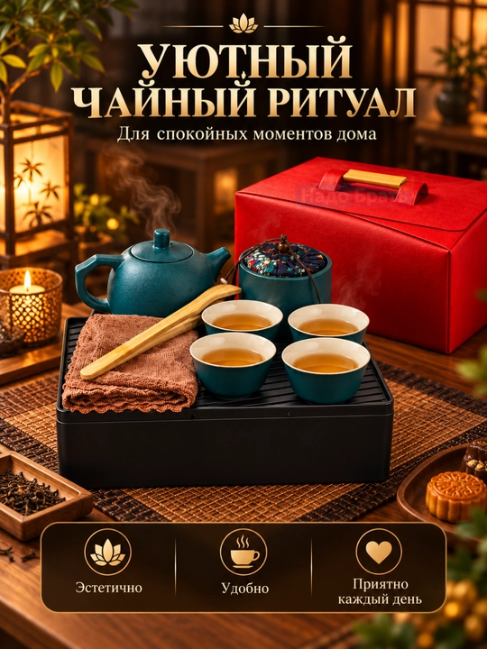 4 kishilik choy marosimi to‘plami, 7 dona, 180 ml choynak, g‘ilof bilan