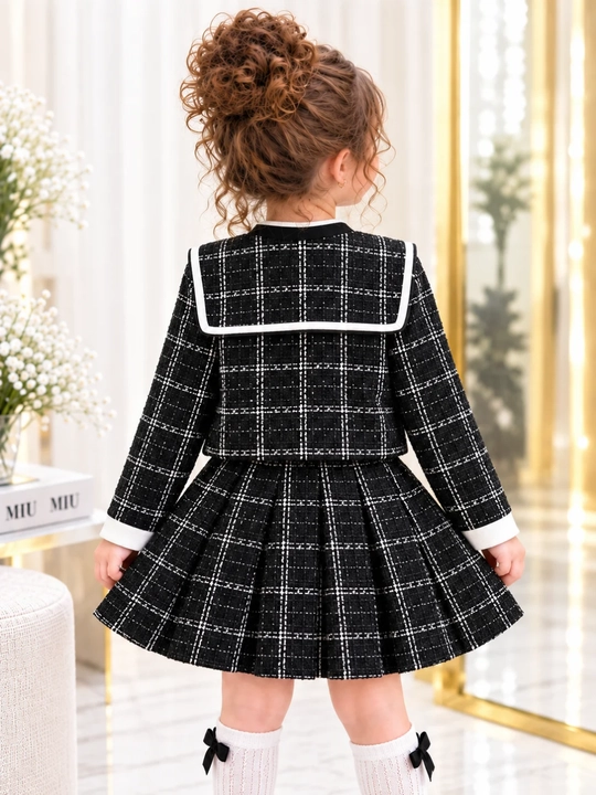 Qizlar uchun bejirim tvid kostyum: jaket va yubka, bayram uchun, 3–7 yosh