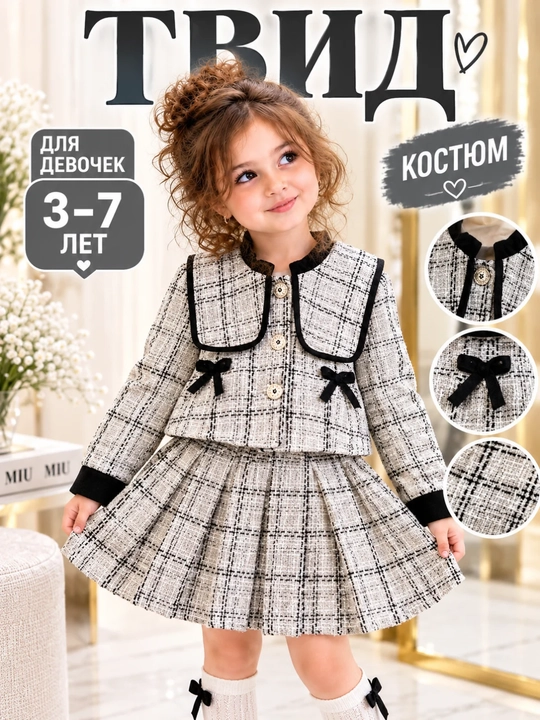 Qizlar uchun bejirim tvid kostyum: jaket va yubka, bayram uchun, 3–7 yosh - 