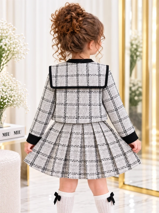 Qizlar uchun bejirim tvid kostyum: jaket va yubka, bayram uchun, 3–7 yosh
