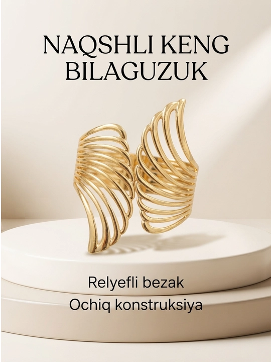Naqshli keng ayollar bilaguzugi, ochiq turdagi, oltin va kumush rang