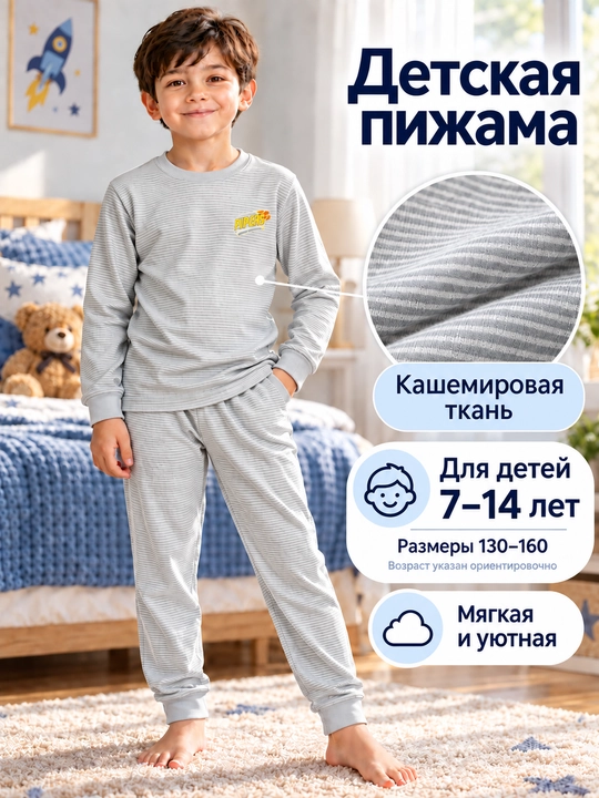 Bolalar pijamasi 7–14 yoshli o‘g‘il va qiz bolalar uchun uzun yengli