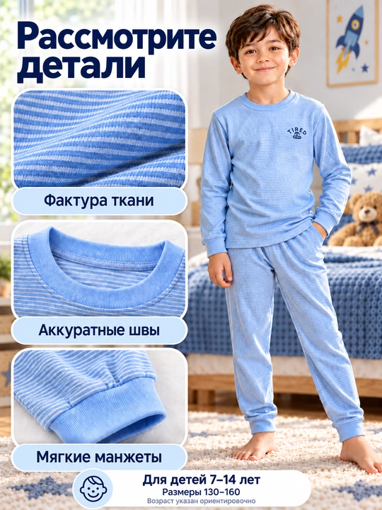 Детская пижама с длинным рукавом для мальчиков и девочек, 7–14 лет