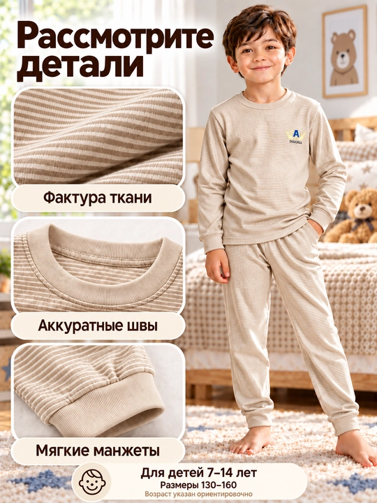Детская пижама с длинным рукавом для мальчиков и девочек, 7–14 лет