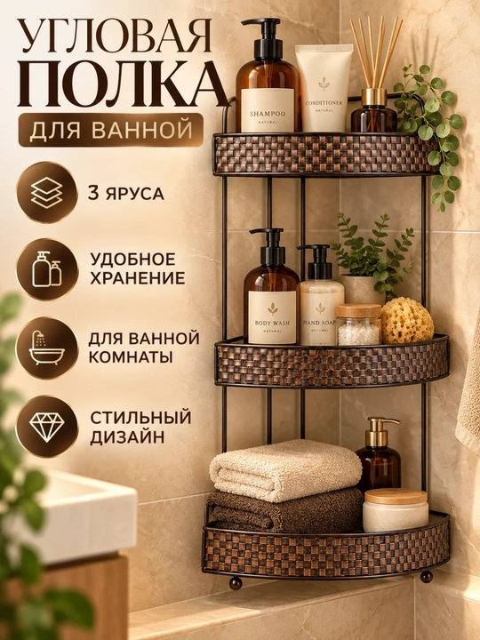 Угловая полка для ванной комнаты, трехъярусный металлический органайзер для шампуня