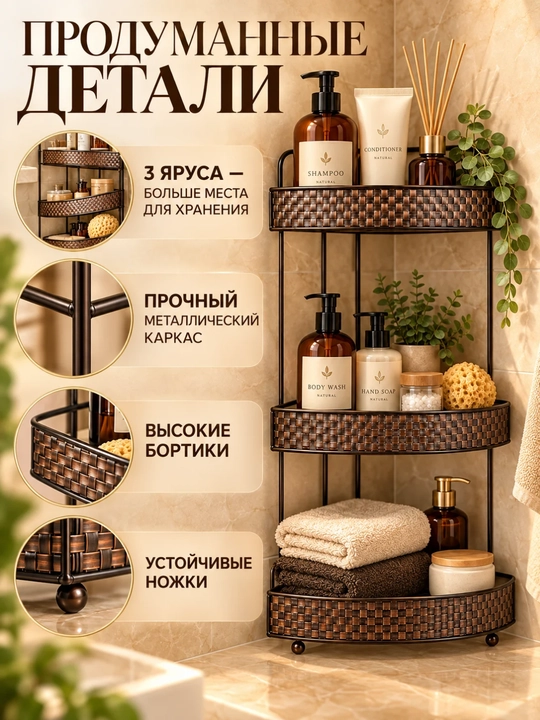 Угловая полка для ванной комнаты, трехъярусный металлический органайзер для шампуня