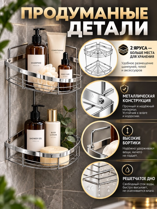 Угловая полка для ванной комнаты, трехъярусный металлический органайзер для шампуня