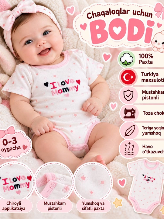 Yangi tug'illgan chaqaloqlar uchun kalta yengli bodi, o'g'il va qiz bolalar uchun - 