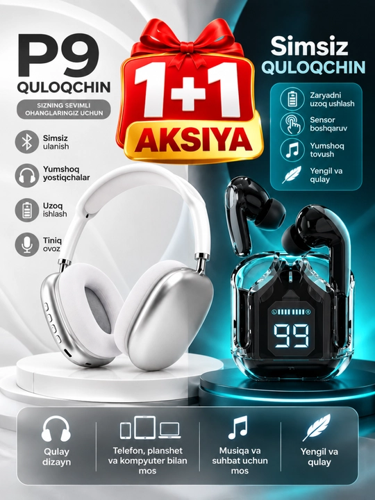 P9 simsiz quloqchin Bluetooth naushnik, sensor boshqaruv, qulay dizayn - 