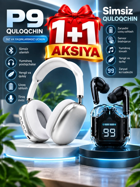 P9 simsiz quloqchin Bluetooth naushnik, sensor boshqaruv, qulay dizayn