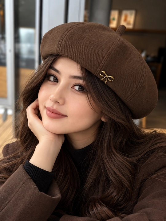 Ayollar uchun kuzgi beret, dekorativ bantli beret - 
