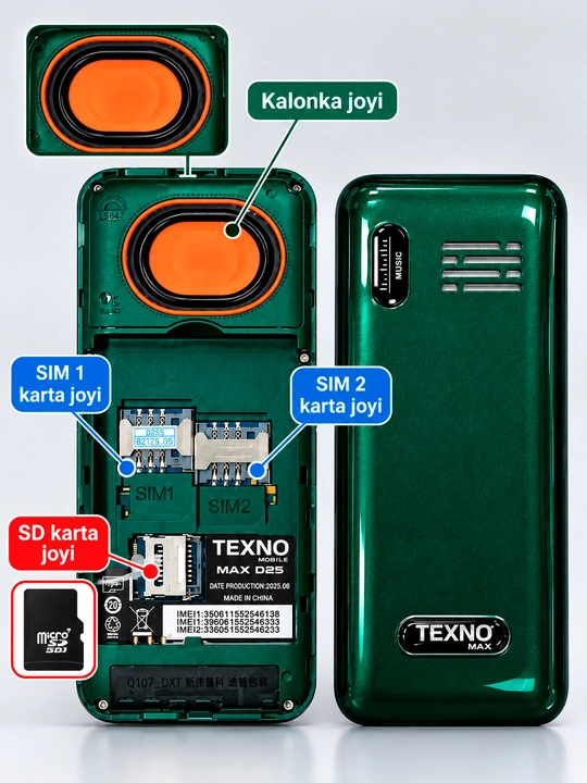 Texnomax 025 tugmali telefon — 2 ta SIM, yorqin ekran va qulay interfeys bilan
