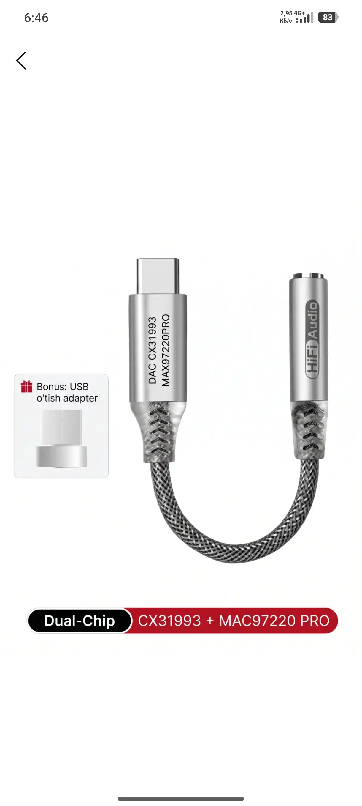 Kosen audio adapter Type-C dan 3.5mm jack quloqchinlar uchun perexodnik 16-32Bit/48-384kHz