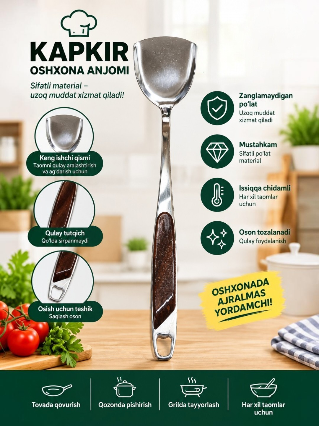 Oshxona chovlisi, kapkir, chumich, zanglamaydigan po‘latdan, teshikchali suzgich, - 
