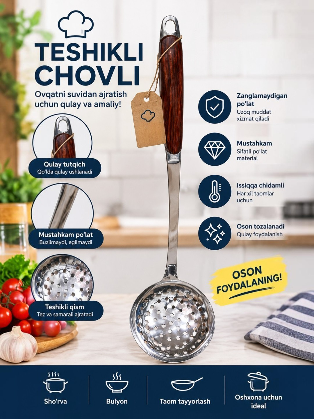Oshxona chovlisi, kapkir, chumich, zanglamaydigan po‘latdan, teshikchali suzgich, - 